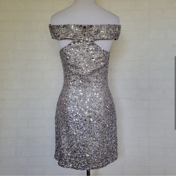 Scala Off the Shoulder Sequin Silver Silk Dress - Picture 3 of 12